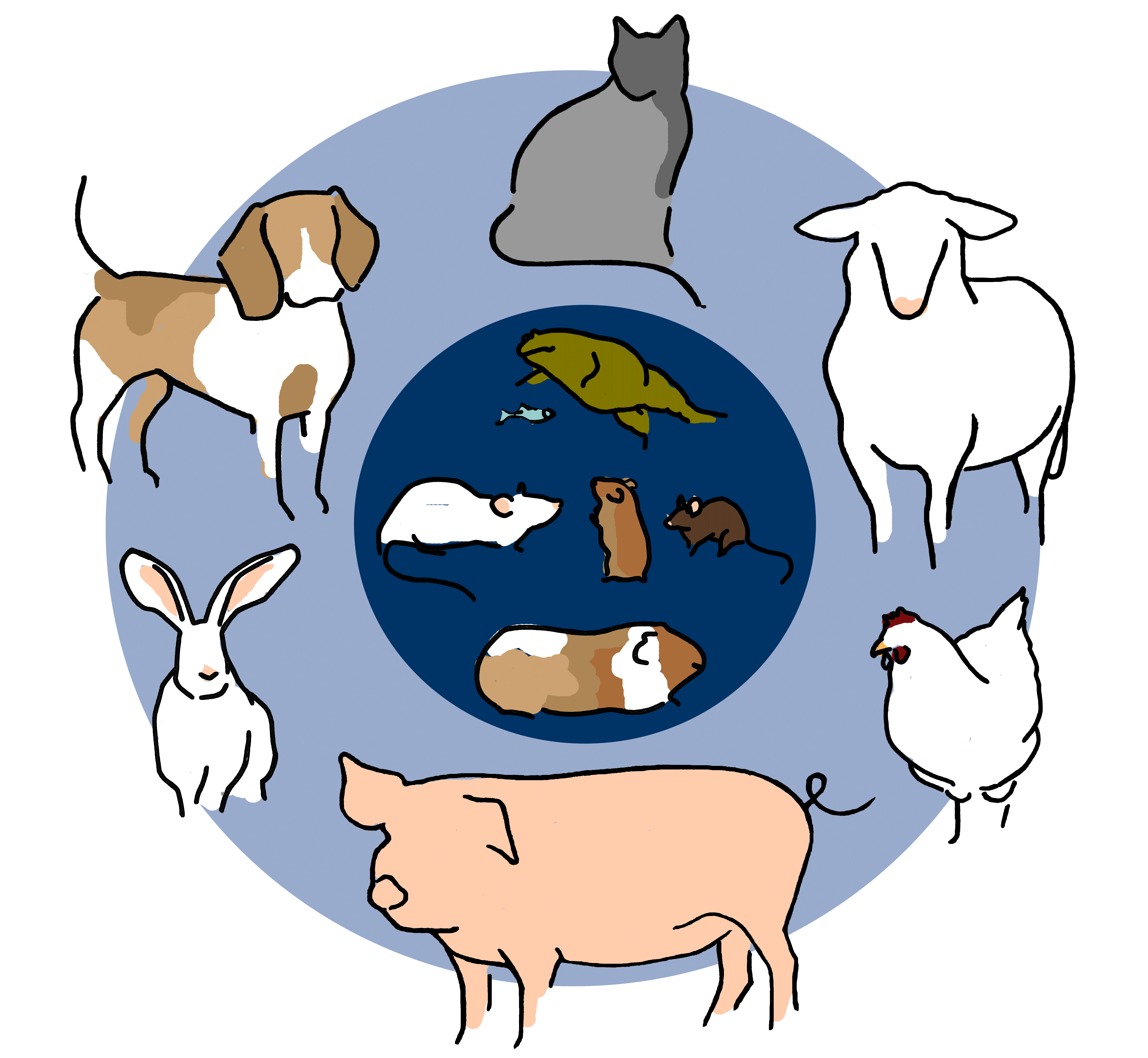 Illustrationen von Labortieren: Hund, Katze, Maus, Ratte, Meerschweinchen und Kaninchen